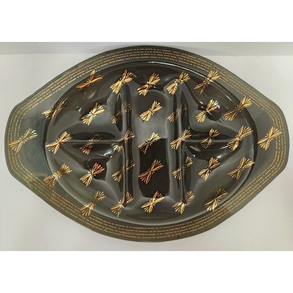 Vintage Black Divided Glass Tray with Gold Dragonfly Design – Mid Century Modern - Picture 1 of 5